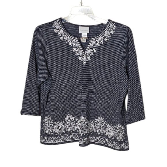 Alfred Dunner Size Large Womens Blue Stripe Embroidered Pullover Top - Picture 1 of 5